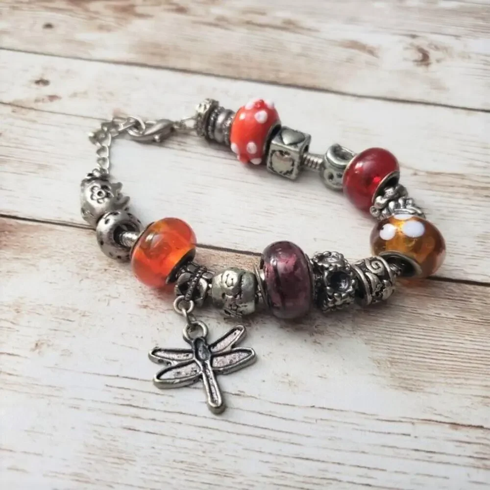 Vintage Dragonfly Charm Bracelet Silver Tone & Orange/Red Beads